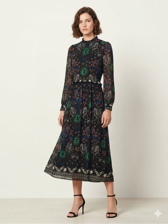 Sandro Dresses & Skirts - Sandro Paris Celestial Zodiac Ruffled Trim Grassette Midi Dress Black Size XS